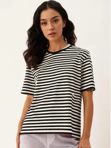 MACK JONNEY Women Striped Round Neck Cotton Oversized T-shirt