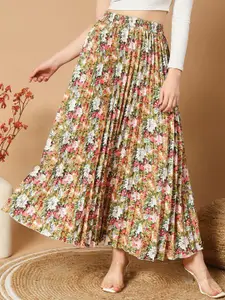 ZWERLON Women Floral Printed Pleated A-Line Skirt