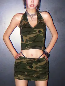 StyleCast Camouflage Printed Halter Neck Sleeveless Crop Top And Mini Skirt