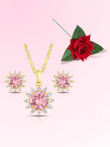 Peora Gold-Plated Cubic Zirconia Studded Floral Shaped Pendant and Earrings With Rose
