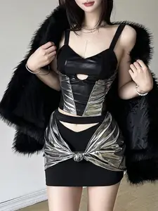 StyleCast Black Self-Design Sweetheart Neck Top With Skirt