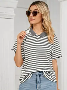 MACK JONNEY Women Striped Polo Collar Cotton T-shirt