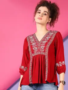 V-Mart Floral V-Neck Pure Cotton Kurti