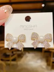 Celestique Cubic Zirconia Stone Studded & Pearls Beaded Contemporary Shaped Studs