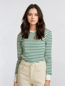 MACK JONNEY Women Striped Round Neck Cotton T-shirt