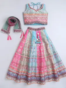 NKV Girls Printed Mirror Work Sweetheart Neck Art Silk Lehenga With Blouse And Dupatta