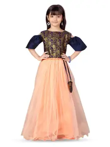 Aarika Girls Woven Design Cold-Shoulder Sleeves Silk Ready to Wear Lehenga & Blouse