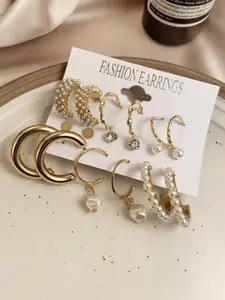 Celestique Set Of 9 Gold-Plated Pearls Beaded Contemporary Shaped Half Hoop Earrings