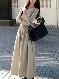 bebe Women Square Neck Maxi Fit and Flare Dress