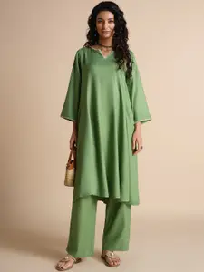 Global Desi Notch Neck Flared Sleeves Thread Work A-Line Kurta