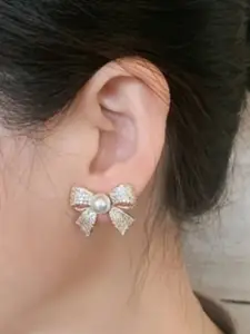 Celestique  CZ Studded & Pearls Beaded Bow Contemporary Shaped Studs