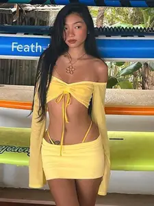 StyleCast Yellow Off-Shoulder Long Sleeved  Crop Top & Mini Skirt