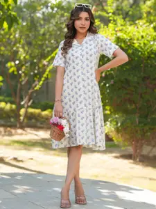 Janasya Women's Off White Linen Cotton Floral Printed A-line Shirt Dress