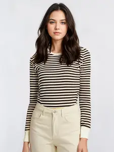 MACK JONNEY Women Striped Round Neck Cotton T-shirt