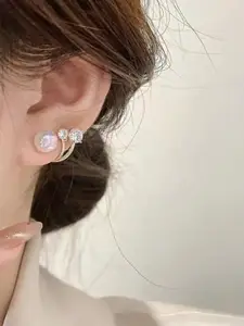 Celestique Korean Stainless Steel Rhinestone & Pearls Studded Contemporary Shaped Studs