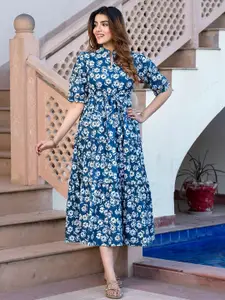 BAESD Women Floral Printed Puff Sleeve Fit-Flare Maxi Dress