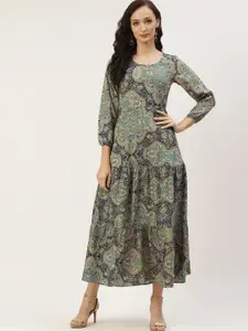 DressBerry Women Ethnic Motifs Print Round Neck Three-Quarter Sleeves A-Line Midi Dress