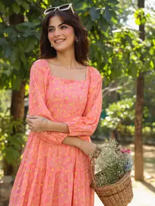 Janasya Women Peach Georgette Floral Printed Tiered Dress