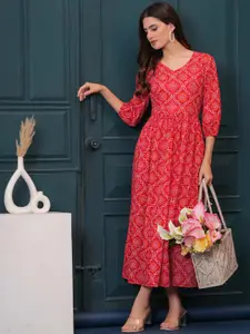 Nayo Women Floral Printed Puff Sleeves Fit & Flare Dress