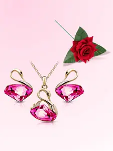 Peora Gold-Plated Crystal Studded Swan Pendant and Earrings With Rose