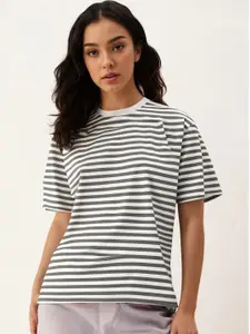 MACK JONNEY Women Striped Round Neck Cotton Oversized T-shirt