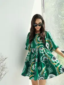 Pink Paprika by SASSAFRAS Women Floral Printed Cotton Fit & Flare Dress