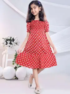BAESD Girls Floral Printed Puff Sleeve Pure Cotton Smocked Fit & Flare Dress