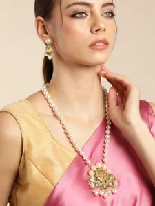 Anouk Gold Plated Beaded & MOP Studded Painted Premium Necklace & Earring Set