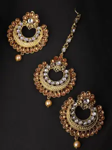 Anouk Yellow Gold-Plated Kundan Studded Earrings And Maang Tika Set