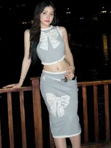 StyleCast Self-Design Round Neck Sleeveless Crop Top With Skirt