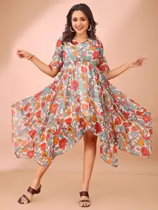 DressBerry Floral Print Flared Sleeves Asymmetric Hem Fit & Flare Dress