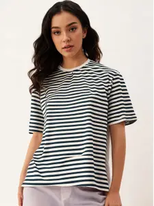 MACK JONNEY Women Striped Round Neck Cotton Oversized T-shirt