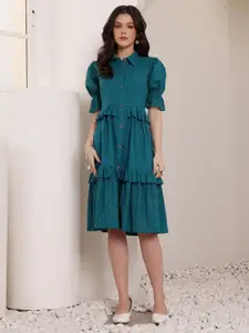 all about you Schiffli & Ruffled Details Cotton Fit & Flare Dress