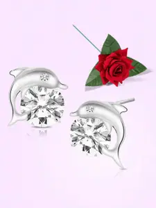Peora Silver-Plated Cubic Zirconia Studded Contemporary Shaped Studs With Red Rose