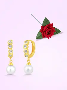 Peora Gold-Plated Cubic Zirconia & Pearls Studded Heart Shaped Drop Earrings With Rose