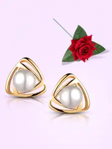 Peora Gold Plated Pearls Triangular Shaped Studs With Red Rose