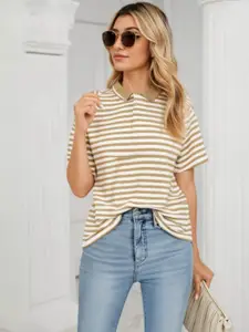 MACK JONNEY Women Regular Fit Striped Polo Collar Cotton T-shirt