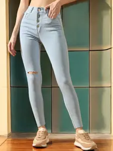 DOLCE CRUDO Women Skinny Fit High-Rise Slash Knee Heavy Fade Stretchable Jeans