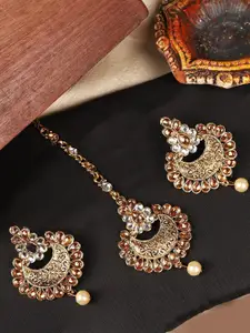 Anouk Gold Plated Stones Studded & Beaded Maang Tikka  And Earrings