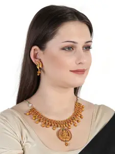 Anouk Gold-Plated Artificial Stone Studded & Beaded Temple Necklace And Earrings