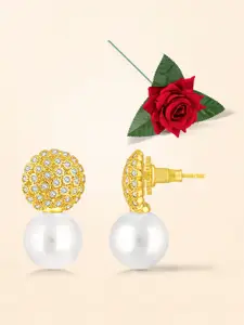 Peora Gold-Plated CZ Studded & Pearls Beaded Circular Drop Earrings With Red Rose Box