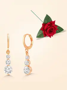 Peora Gold-Plated Cubic Zirconia Studded Contemporary Drop Earrings With Red Rose