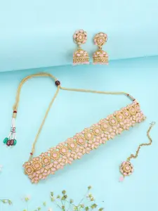 Anouk Gold-Plated Stone-Studded & Beaded Necklace And Earrings Wiyh Maang Tikka