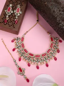 Anouk  Gold-Plated Kundan Stone Studded & Beads Beaded Necklace With Earrings & Maang Tika