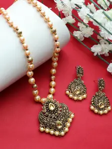 Anouk Gold-Plated Artificial Stone Studded & Beaded Necklace And Earrings