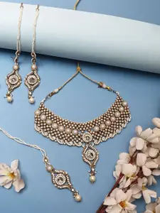 Anouk Gold-Plated Artificial Stone Studded & Beaded Necklace And Earrings & Maang Tika