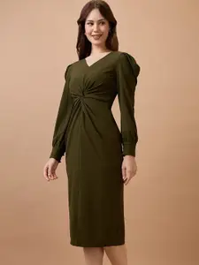 Globus V-Neck Cuffed Sleeves Twisted Detail Midi Bodycon Party Dress