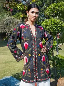 HOUSE OF KARI Floral Embroidered Kashmiri Aari Work Pure Cotton Kurta Jacket