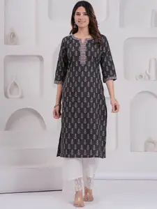 Nayo Ethnic Motifs Printed Notch Neck Pure Cotton Straight Kurta