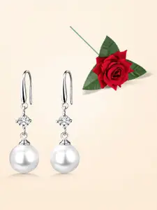 Peora Silver-Plated Stones Studded & Pearls Beaded Drop Earrings With Red Rose Box